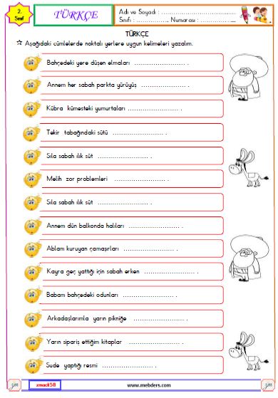 2. Sınıf Türkçe Cümlede Eylem Etkinliği